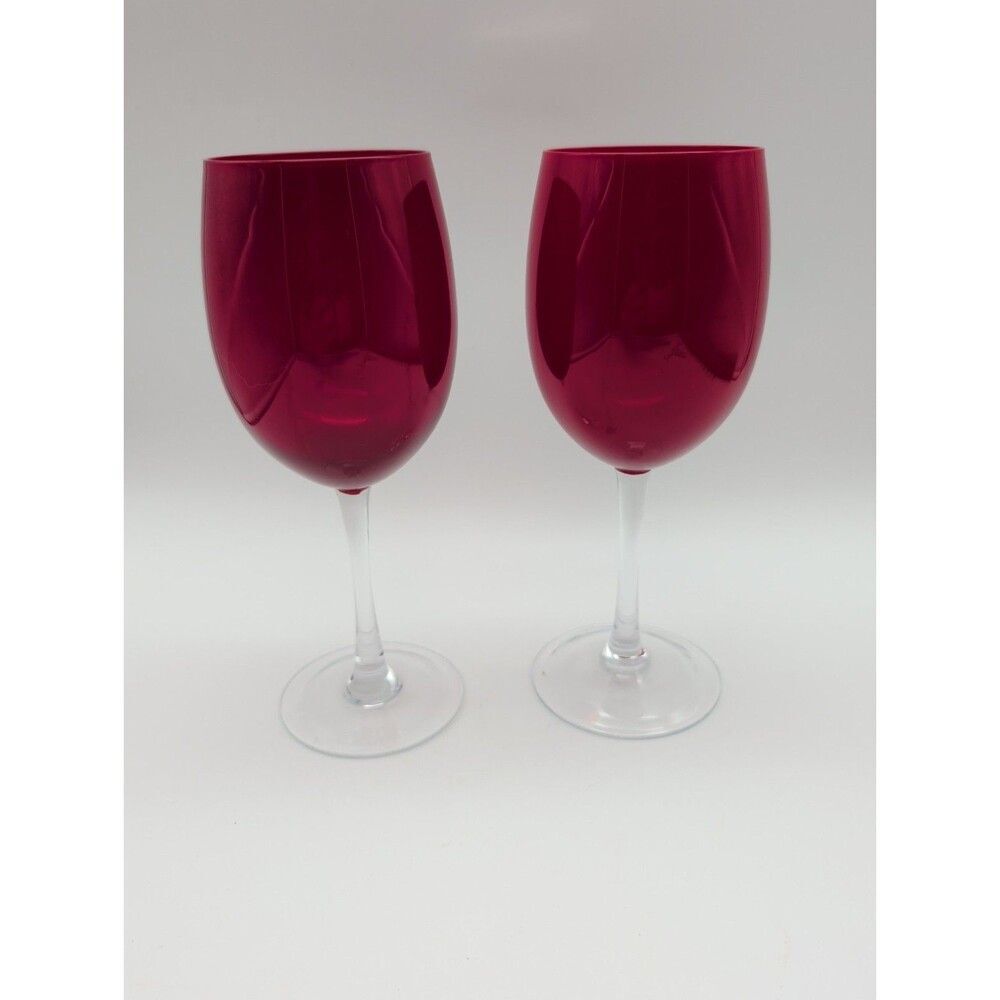 2 Vtg Holiday Red Water Wine Goblets Glasses Clear Stem